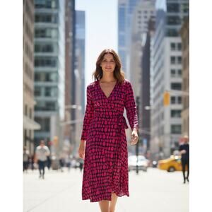 Apt. 9 Wrap Dress Womens Large Pink Black Polka Dot Midi 3/4 Sleeve Stretch